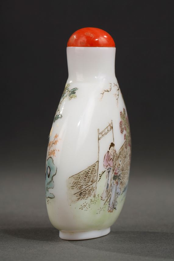 Enamelled glass snuff bottle on white background of characters in landscapes | MasterArt